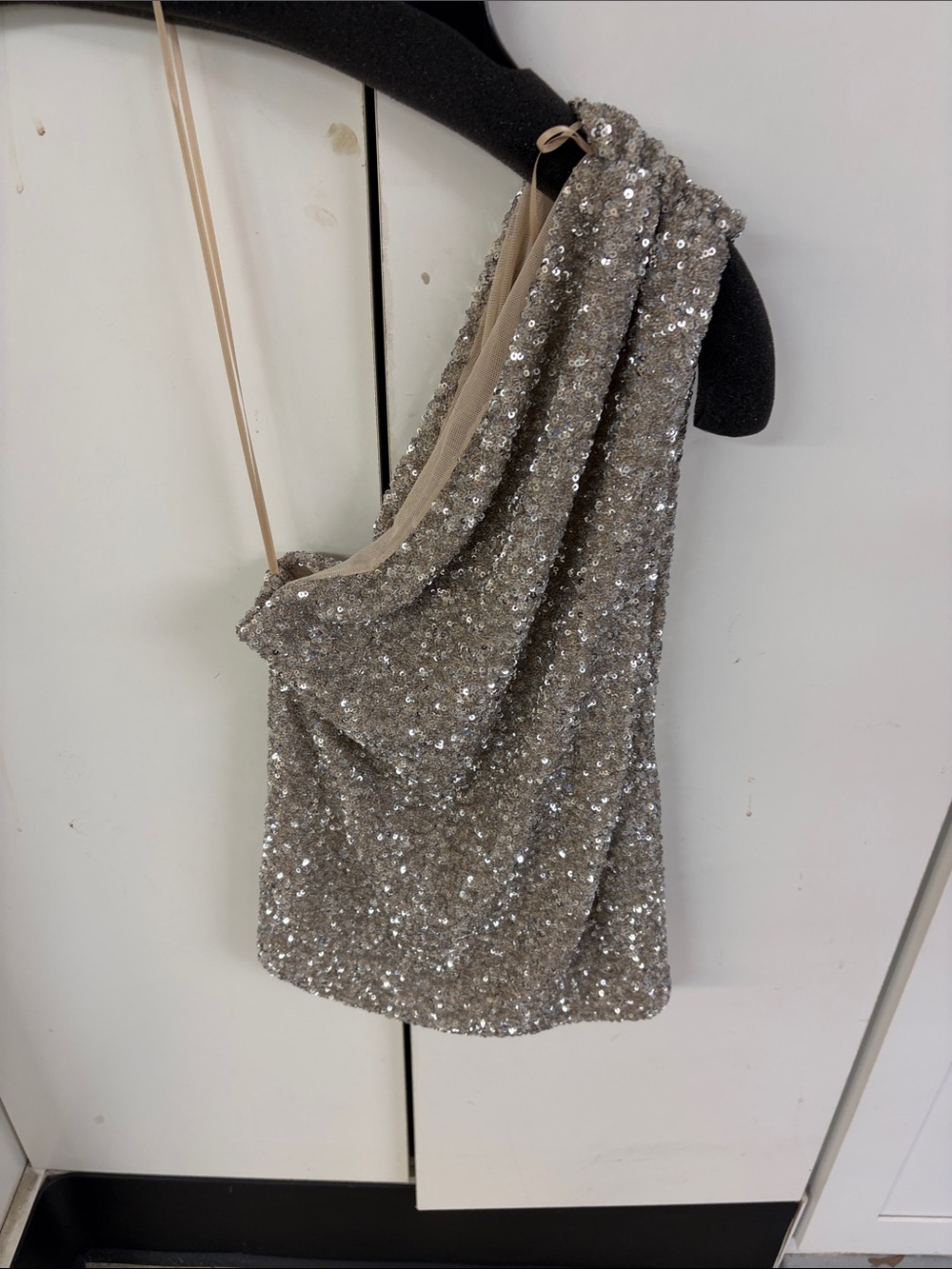 Zara Sequined One-Shoulder Blouse - Silver/Beige